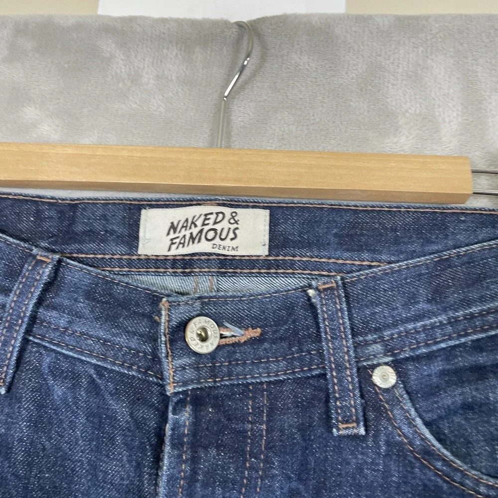 Naked & Famous Jeans Mens 34 (fit 36x33) Raw Dark Denim Button Fly Non-Selvedge